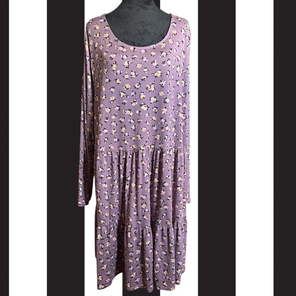 Floral Tiered Long Sleeve Babydoll Mini Peasant Dress Stretch Spring Cottagecore - Picture 1 of 9